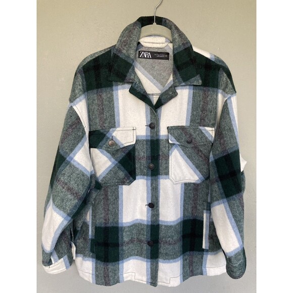 ZARA Oversize Plaid Shacket Wool Blend Jacket Women M Green White Flannel Layer - Picture 7 of 16